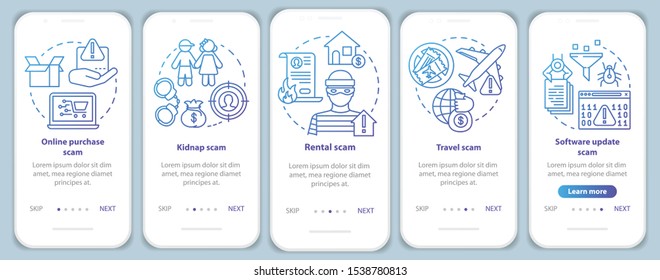 Scam types onboarding mobile app page screen vector template. Online purchase and rental fraud. Walkthrough website steps with linear illustrations. UX, UI, GUI smartphone interface concept