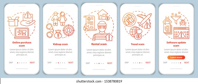 Scam types onboarding mobile app page screen vector template. Walkthrough website steps with linear illustrations. Online purchase and rental fraud. UX, UI, GUI smartphone interface concept