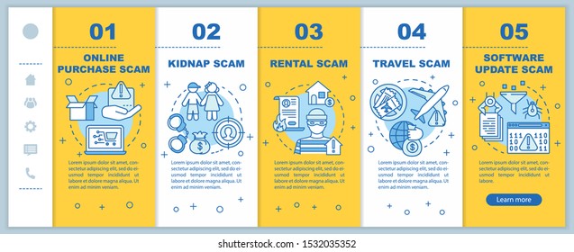 Scam types onboarding mobile web pages vector template. Responsive smartphone website interface idea with linear illustrations. Online purchase scam. Webpage walkthrough step screens. Color concept
