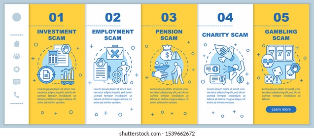 Scam types onboarding mobile web pages vector template. Responsive smartphone website interface idea with linear illustrations. Investment scam. Webpage walkthrough step screens. Color concept