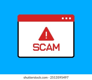 SCAM - vector message window in retro 8-bit video game style sign caution message. Web3 technology  SCAM text notice interface message. Geek style pixel graphics window 