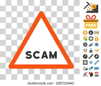 Scam Warning pictograph with bonus bitcoin mining and blockchain symbols. Vector illustration style is flat iconic symbols. Designed for crypto-currency ui toolbars.