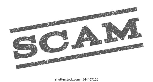 Scam watermark stamp. Text caption between parallel lines with grunge design style. Rubber seal stamp with scratched texture. Vector grey color ink imprint on a white background.