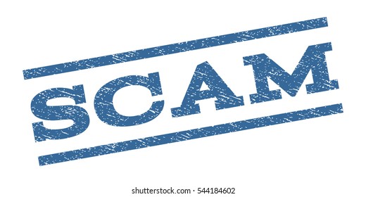Scam watermark stamp. Text tag between parallel lines with grunge design style. Rubber seal stamp with unclean texture. Vector cobalt blue color ink imprint on a white background.