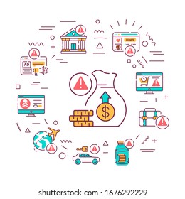 Afiche web. Un esquema fraudulento realizado por una persona deshonesta. Infografía con iconos lineales sobre fondo azul. Concepto creativo.
