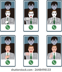 scam where the person uses their smartphone to pose as a good person and deceive people. A man in a suit and the mastermind.