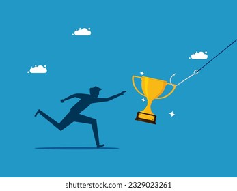 Scammed with prizes. man runs and grabs the trophy on the hook