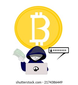 scammer cartoon character.Online crime concept . Swindler and a thief are working at the computer. Vector flat illustration isolated on white background.Bitcoin hacker, crypto theft .