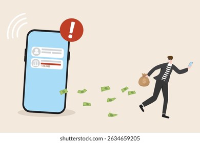 Scammer ou conceito de segurança cibernética. Ladrão rouba dinheiro da vítima. Telefone celular com mensagem de aviso do banco vetor ilustração plana.