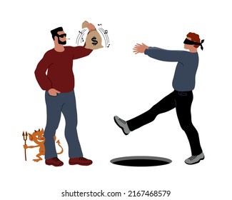 The Scammer And The Devil Trap The Victim. The Concept Of Financial Crime. The Clink Of Coins. Color Vector Illustration Isolated On A White Background In A Cartoon And Flat Design.