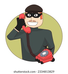Scammer is holding a telephone in his hand. A masked man uses an old rotary dial phone to get criminal information.