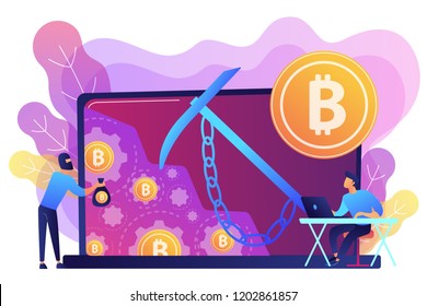 Scammer in mask stealing cryptocurrency from mining pool on laptop. Hidden mining, miner bot and mining virus concept on white background. Bright vibrant violet vector isolated illustration