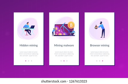 Scammer in mask stealing cryptocurrency from mining pool on laptop. Hidden mining, miner bot and mining virus concept on white background. Mobile UI UX GUI template, app interface wireframe
