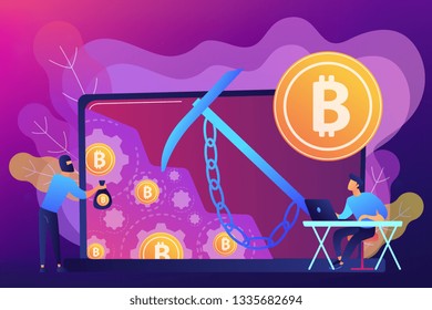 Scammer in mask stealing cryptocurrency from mining pool on laptop. Hidden mining, miner bot and mining virus concept on ultraviolet background. Bright vibrant violet vector isolated illustration