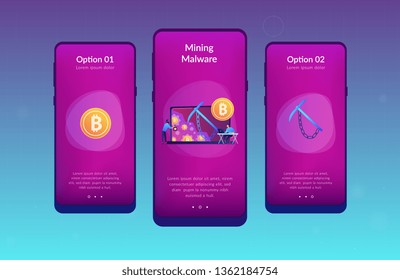 Estafador con máscara robando criptodivisa de la piscina de minería en laptop. Minería oculta, bot minero y concepto de virus minero en fondo blanco. Plantilla de interfaz de usuario de usuario de Mobile UX GUI, wireframe de interfaz de aplicación
