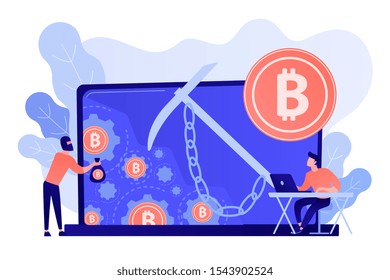 Scammer in mask stealing cryptocurrency from mining pool on laptop. Hidden mining, miner bot and mining virus concept on white background. Pinkish coral bluevector isolated illustration