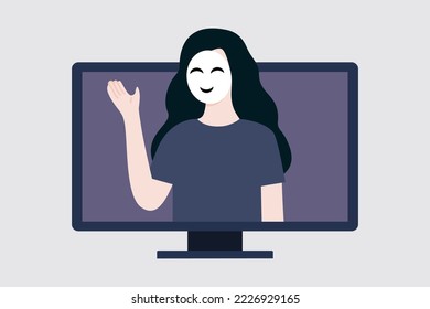 Scammer on Computer monitor screen. Woman with face mask talking on the screen. Online fraud, scam, data hacking, cybercrime, web security concepts. Flat cartoon vector design illustration.