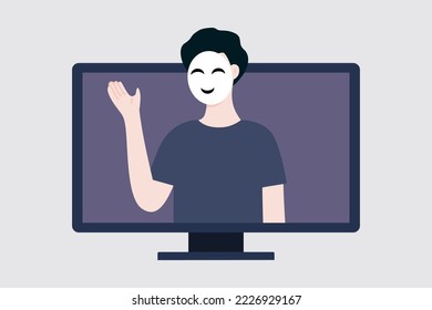 Scammer on Computer monitor screen. Man with face mask talking on the screen. Online fraud, scam, data hacking, cybercrime, web security concepts. Flat cartoon vector design illustration.