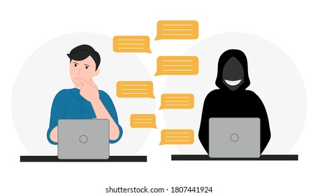 Scammer on dating site cheating men vector illustration cartoon flat design modern style 
