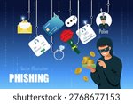 Scammer with phishing hooks on SMS fraud link, credit card, password hacking, fake police and romance scam. Cyber crime, online phishing scam in digital devices. Vector.