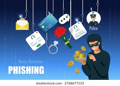 Scammer with phishing hooks on SMS fraud link, credit card, password hacking, fake police and romance scam. Cyber crime, online phishing scam in digital devices. Vector.