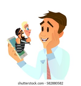 The scammer pretends to be a beautiful girl, talking to the gullible guy that he would Rob. Vector illustration of a flat design.