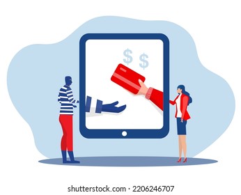 The Scammer Stealing A Bank Card From Attack On Laptop For Online Banking App Scammer,phishing Fraud, Scam Laptop ,vector Illustration.