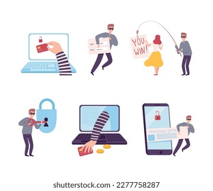 Scammer stealing personal privacy data and money from smartphone and computer set. Internet phishing, fraud cartoon vector illustration