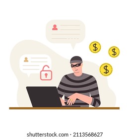 Scammer steals data.Fraud, phishing on internet.Thief cheats online.Flat hand-drawn cartoon character.Male makes affaire using laptop.Swindler,rogue in striped clothes and beanie.Isolated.Vector