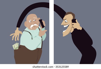 Scammer Talks On A Phone With A Senior Man And Trying To Steal Money Out Of His Pocket, Vector Illustration, No Transparencies, EPS 8