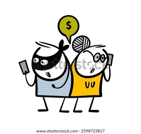 Scammer and a thief in a black mask makes a phone call and cheats on an old lady. Vector illustration of a woman with glasses, a victim of cybercrime. Cartoon character   isolated on white background.