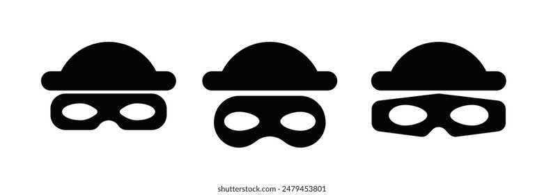 Scammer or thief mask with eye slits—vector black icons ideal for illustrating security and fraud topics.