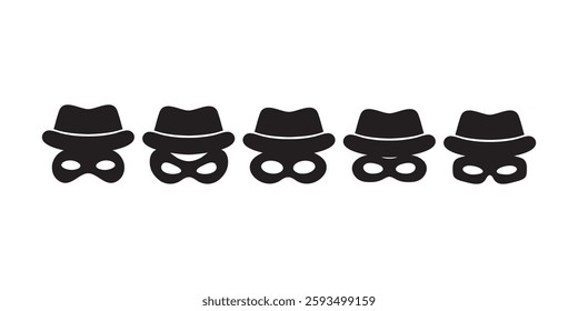 Scammer or thief mask with eye slits—vector black icons ideal for illustrating security and fraud topics.
