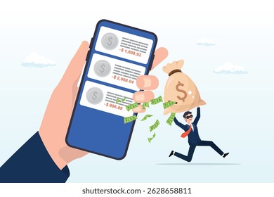 Ladrão Scammer roubar dinheiro de aplicativo de banco móvel, fraude de call center ou fraude roubando dinheiro de aplicativo de banco móvel, chamada telefônica falsa ou crime financeiro, phishing ou conceito de ameaça financeira