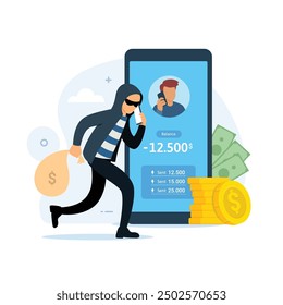 Scammer thief stealing money from mobile banking app flat vector cartoon illustration