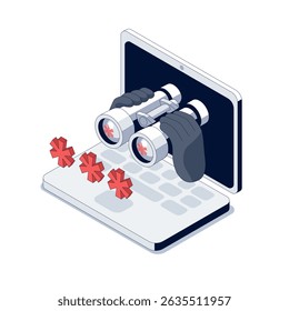 Scammer está observando a senha. Binóculos aparecem na tela. O spyware keylogger monitora os pressionamentos de tecla do usuário para roubar senhas. Software mal-intencionado captura secretamente informações de login em tempo real