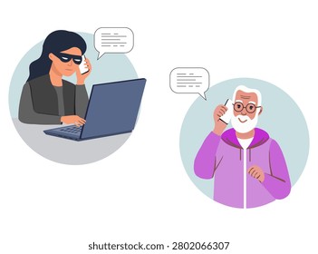 Scammer woman calling elderly man using phone as concept of online fraud and financial deceit