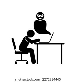 scammers on the internet illustration, stick figure man icon, laptop on the table