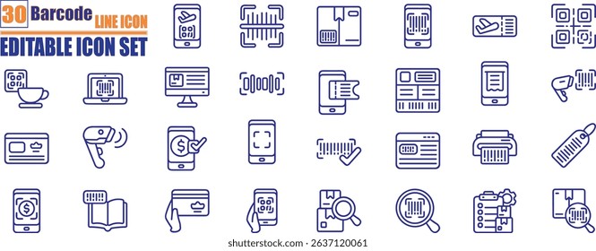 Scan barcode icon outline collection . Scanning code process symbol. Cashless mobile payment signs. payment, shopping, secure, money, barcode, purchase code scanning, mobile phone scanner vector illus