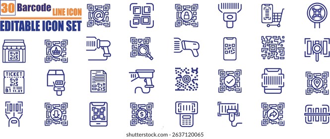 Scan barcode icon outline collection . Scanning code process symbol. Cashless mobile payment signs. payment, shopping, secure, money, barcode, purchase code scanning, mobile phone scanner vector illus