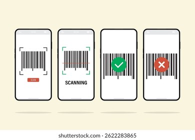Scan barcode with mobile phone. Bar or qr code scans completed or reject. Machine-readable barcode on smartphone screen. Verification or payment. Cashless shopping, online banking. vector illustration