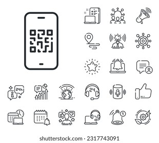 Scan barcode sign. Place location, technology and smart speaker outline icons. Qr code line icon. Phone code scanner symbol. Qr code line sign. Influencer, brand ambassador icon. Vector