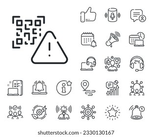 Scan barcode sign. Place location, technology and smart speaker outline icons. Qr code line icon. Certificate warning symbol. Qr code line sign. Influencer, brand ambassador icon. Vector
