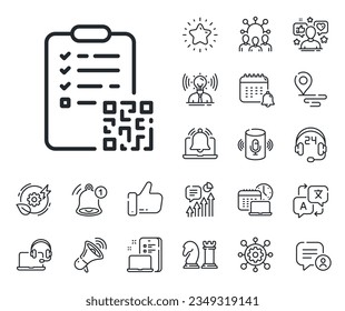 Analizar el signo de código de barras. Coloque los iconos de la ubicación, la tecnología y el contorno del altavoz inteligente. Icono de línea de código Qr. Símbolo de documento de lista de comprobación. Signo de línea de código Qr. Influenciador, icono del embajador de la marca. Vector