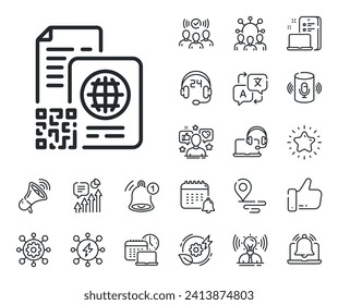 Scan barcode sign. Place location, technology and smart speaker outline icons. Qr code line icon. Passport id symbol. Qr code line sign. Influencer, brand ambassador icon. Vector