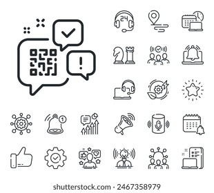 Scan barcode sign. Place location, technology and smart speaker outline icons. Qr code line icon. Chat speech bubbles symbol. Qr code line sign. Influencer, brand ambassador icon. Vector