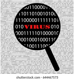 Scan binary code with magnifying glass zoom, cyber security concept.