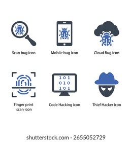 Scan bug, Mobile bug, Cloud Bug, Finger print scan, Code Hacking, Thief Hacker, icon