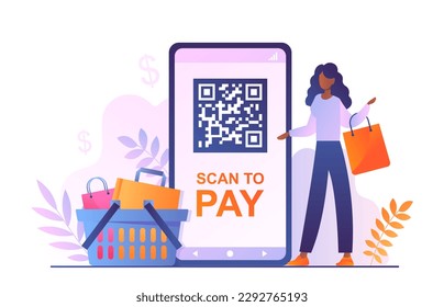 Scan code to pay. Woman with smartphone pays for groceries, online shopping. Young person stands near basket with fruits and vegetables and qr code on screen. Cartoon flat vector illustration