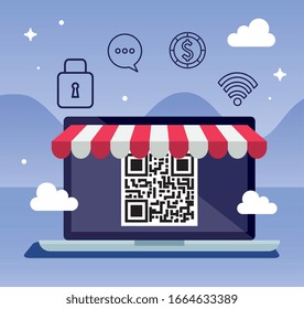 scan code qr in padlock with set icons vector illustration design